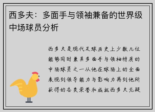 西多夫：多面手与领袖兼备的世界级中场球员分析