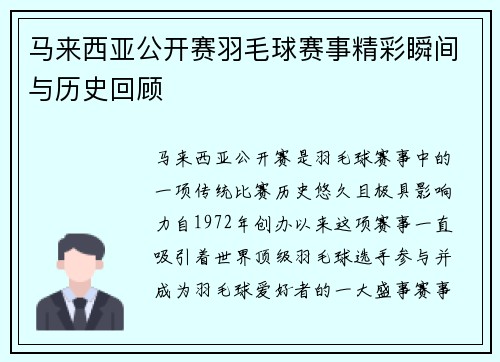 马来西亚公开赛羽毛球赛事精彩瞬间与历史回顾