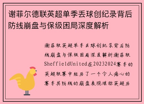谢菲尔德联英超单季丢球创纪录背后防线崩盘与保级困局深度解析