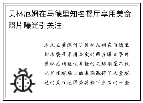 贝林厄姆在马德里知名餐厅享用美食照片曝光引关注